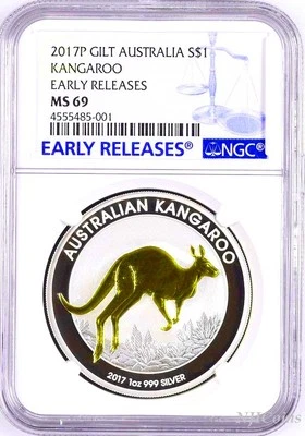 2017 P Australia GILDED Silver Kangaroo NGC MS 69 1 oz Coin w/OGP gilt ER LABEL - Image 1 of 3