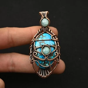 Turquoise,Larimar Gemstone Copper Wire Wrapped Pendant Handmade Designer Jewelry - Picture 1 of 4