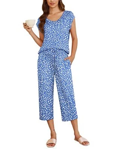 Women's Capri Pajama Sets Short Sleeve Loungewear 2 Piece Pjs Top & Capri Pan... - Picture 1 of 6