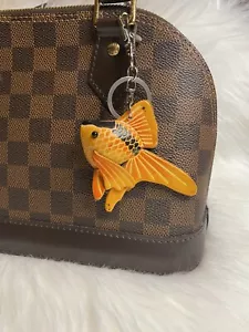 leather Gold Fish bag charm Keychain Car Key Fob handmade gift new - Picture 1 of 2