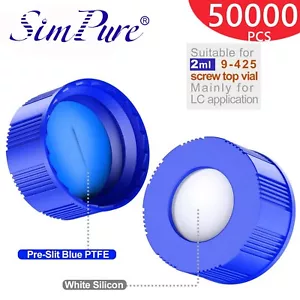 50000 pezzi tappo a vite 9 mm blu PTFE e bianco silicone pre-slit per fiale campione 9-425 - Foto 1 di 25