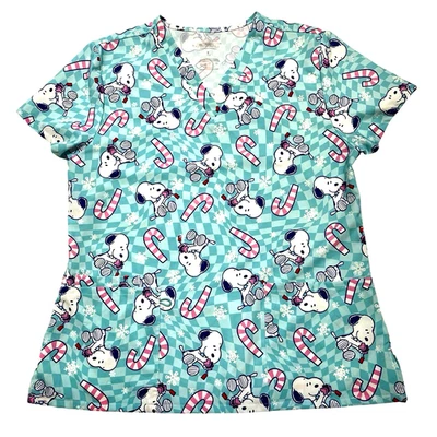 Blusa Médica Snoopy Peanuts Navidad LG Copos de Nieve Bastones de Caramelo Regalos Elástica Usada en Excelente Condición Foto 1 de 4