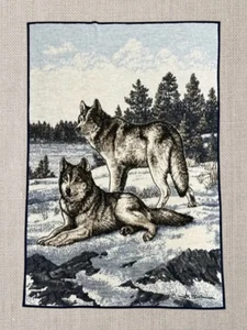 Manta grande vintage Biederlack azul gris lobos pelo alto James Hautman 76x51 - Imagen 1 de 7