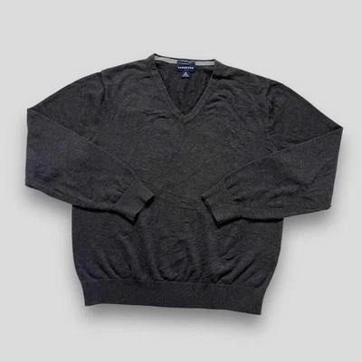 Lands End Plain Grey V Neck Jumper Mens M Smart Knit Designer - Image 1 of 3