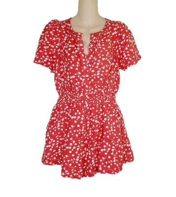 Romper Anthropologie Somerset vermelho floral mistura de linho gola V manga curta XS - Imagem 1 de 4