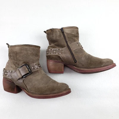 Josef Seibel Toni 铆钉踝靴女式 9-9.5 40 棕色麂皮绒背带西部 — 第 1/4 张图片