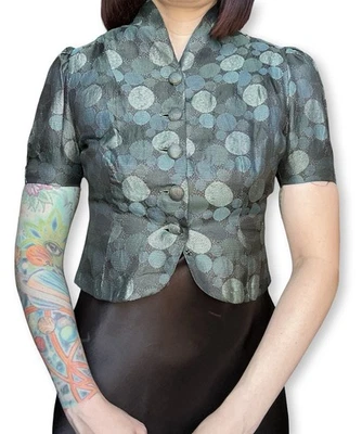 Vintage 1930s 30s Blue Bubble Print Gold Lamé Blouse XS Small - Image 1 of 4