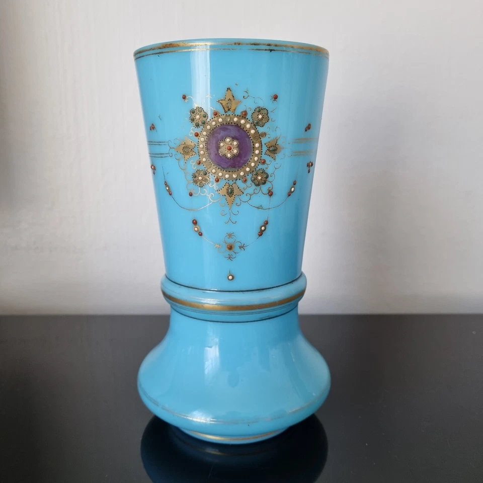 Vase Ancien en Opaline XIXè Bleu Turquoise Emaux Bressans Victorian 19thC Blue - Photo 1/4