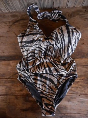 Baño Mujer Sofía Vergara 1 Pieza Color Crema y Negro Patrón Exótico Pequeño Foto 1 de 4