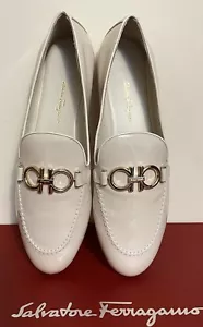 Salvatore Ferragamo Trifoglio 10 C White Patent Leather Loafers Gancini - Picture 1 of 6