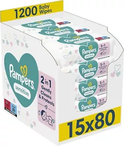 Pampers Sensitive Baby Wipes 15 Packs of 80 1200 Baby Wet Wipes Unscented - Picture 1 of 6