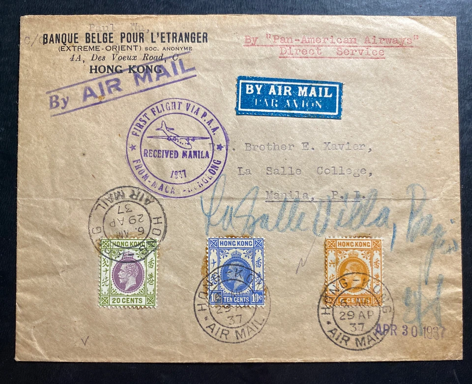 1937 Hong Kong First Direct Flight Pan American cover To Manila Philippines - Image 1 of 2