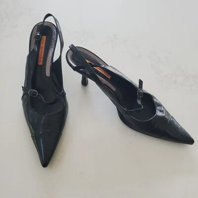 Via Spiga Black Leather Kitten Heel Slingbacks/Patent Pointed Toe & Heel 8 - Image 1 of 4