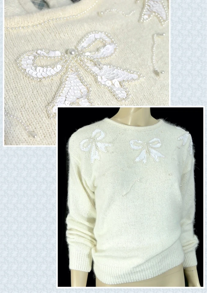 Suéter Vintage Años 80 90 Seda Angora Lana de Cordero Lentejuelas Perla Lazo Cuentas S Foto 1 de 4