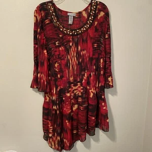 Catherines Crinkle pleated Asymmetric 3X Embellished Bell Sleeve Top Valentine - Picture 1 of 6