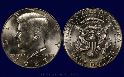 1987 D Kennedy Half Dollar, BU+ from US Mint set. Original Coin Photography! - Image 1 of 3