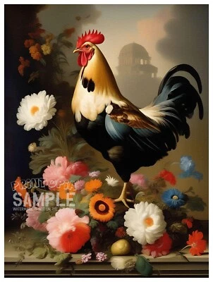Gray Blue Rooster + Flowers * Quality Print * FRAME ME * Franz Xaver Petter - Image 1 of 4