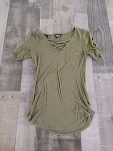 Womens Bebe Shirt Small Petite Olive Green Criss Cross Shirt Short Sleeve - Picture 1 of 7