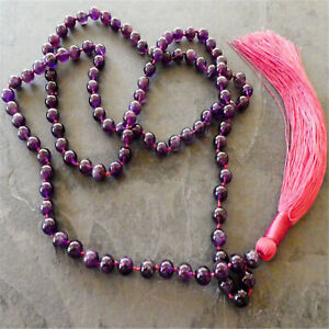8mm Natural Amethyst 108 Beads Tassel Knot Necklace Yoga Statement Bridal Gift