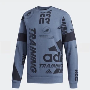 Adidas Sweatshirt Post Game Allover Print Crew Neck Tech Ink Blue Mens Medium - Picture 1 of 9