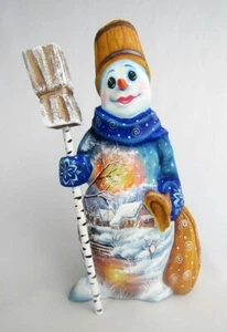 Handbemalte signierte Ukraine Schneemann mit Fischerhut & Besen Weihnachtsfigur - Bild 1 von 8