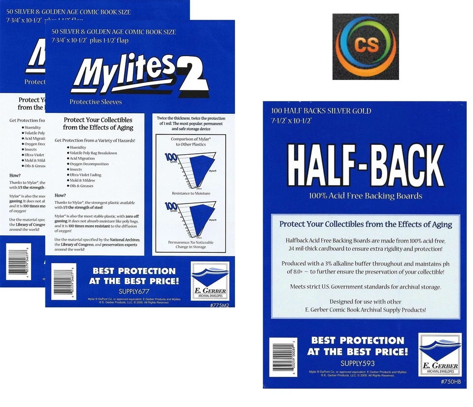 E.GERBER 100 Mylites2 Silver/Gold Mylar Sleeves & Half Back 24pt Boards E. Gerber