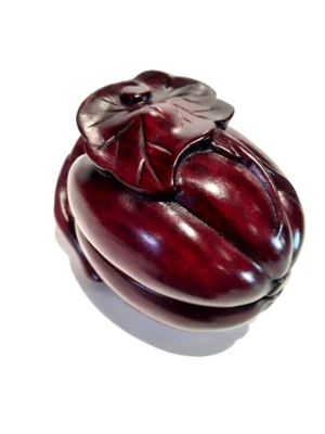 Caixa de cabaça esculpida em madeira vermelha chinesa antiga com folhas - Imagem 1 de 4