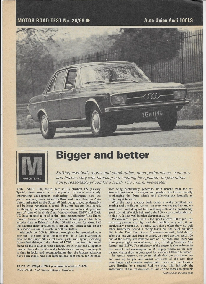1969 Auto Union Audi 100 LS road test-brochure: 6-page "Motor" reprint + advert - Image 1 of 4