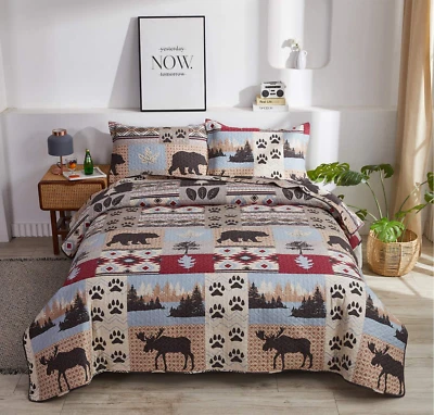 Lodge Bedding Set King Size Rustic Cabin Quilts Moose Bear Bedspread Cottage Cov - Image 1 of 4