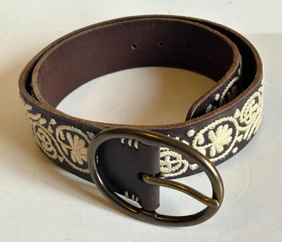 Lucky Brand Belt Women's M Brown Leather Cream Embroidered Belt Boho 2 in Wide - Image 1 of 4