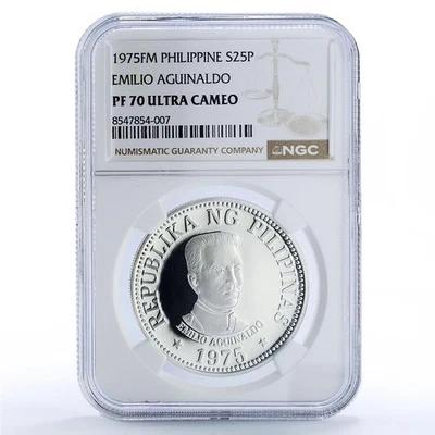 Philippines 25 piso New Society Emilio Aguinaldo PF70 NGC silver coin 1975 - Image 1 of 4