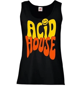 Womens Acid House Rave Dance Music Festival 80's 90's Lady Fit Black Vest Top - Picture 1 of 8