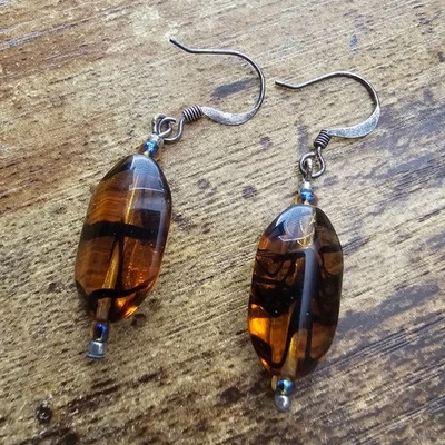 Vintage Earrings Banded Stripe Glass Agate Amber Pierced French Hook Dangle - Image 1 of 2