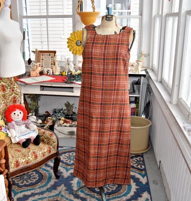 Vintage 1960s Wool Jumper Dress Unlined Plaid Autumnal Colors Size Large - Image 1 of 4