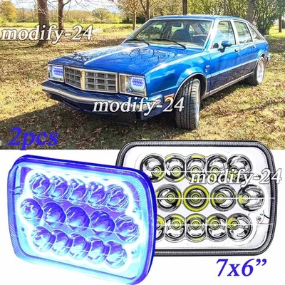 Fit Pontiac Phoenix 1977 - 1984 双 5x7 7x6 英寸方形 LED 车头灯 高/低 蓝色 DRL — 第 1/4 张图片