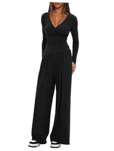  Women's 2 Piece Lounge Outfits Sets Warp V Neck Long Sleeve Shirts and Wide  - Picture 1 of 6