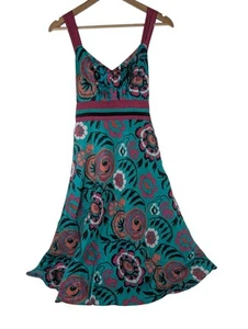 Monsoon Green Floral Strappy Dress Silk Blend Fit & Flare Pink Bow/Tie Size 10 - Picture 1 of 9