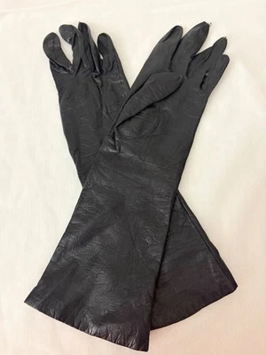 Vtg Emporium California Gloves Long Black Leather Silk Lined Women's 6.5 France - Image 1 of 4