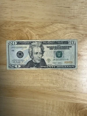 Series 2009 $20 Dollar Bill Double Binary Quad Fancy Serial Number JH22225533 - Image 1 of 3