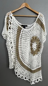 Ashley Stewart Crochet Open Knit 26 White Gold Short Sleeve Summer Sweater Top - Picture 1 of 16