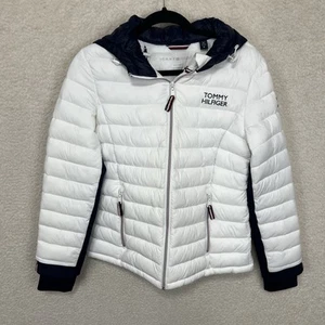 Tommy Hilfiger Puffer Jacket Womens M White Hooded Packable Lightweight - Picture 1 of 13