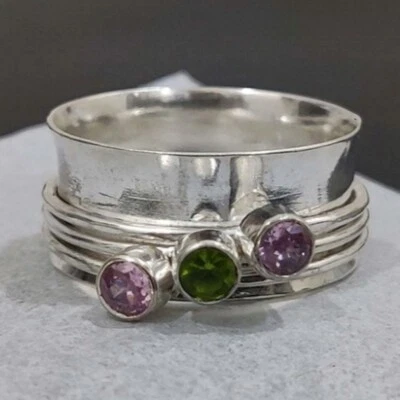 Anillo giratorio de plata esterlina 925 con piedras preciosas de peridoto y amatista regalo D-619 Foto 1 de 4