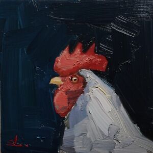 ROOSTER OIL PAINTING BY ARTIST VIVEK MANDALIA 8X8 IMPRESSIONIST ART COLLECTIBLE