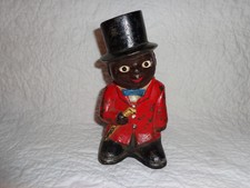 Vintage Black Americana Cast Iron Man with Top Hat & Cane Still Bank