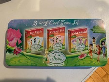 New Disney Fairies 3 In 1 Card Game Set Go Fish Crazy 8’s Old Maid in metal box