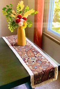 Bohemian Boho Earthy Warm Tones Paisley Jacquard Fringed 71" Table Runner New - Picture 1 of 6