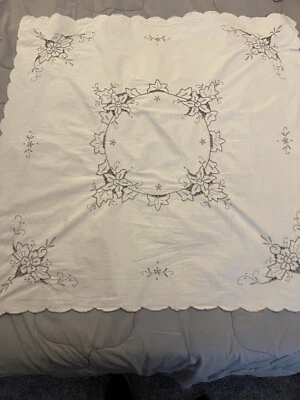 Vintage Embroidered Tablecloth with Cut Out Work - Image 1 of 4