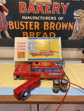 Vintage Yonezawa Fire Chief Station Wagon Car Tin Battery Op Toy W Box Japan