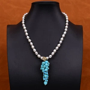 17'' Cultured Gray Rice Pearl Necklace Blue Turquoise Tassels Pendant For Women - Picture 1 of 7
