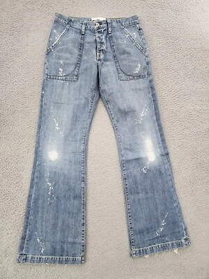 Pantalones de mezclilla y tela de papel 31x32 azul denim corte bota pintura salpicada botón fl Foto 1 de 4